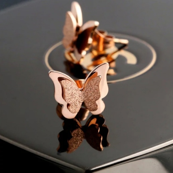 Rose gold stainless steel butterfly earrings. - Picture 6 of 8